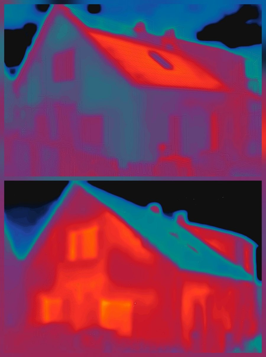 Dos imágenes térmicas de la misma vivienda una sobre otra, antes y después del recubrimiento